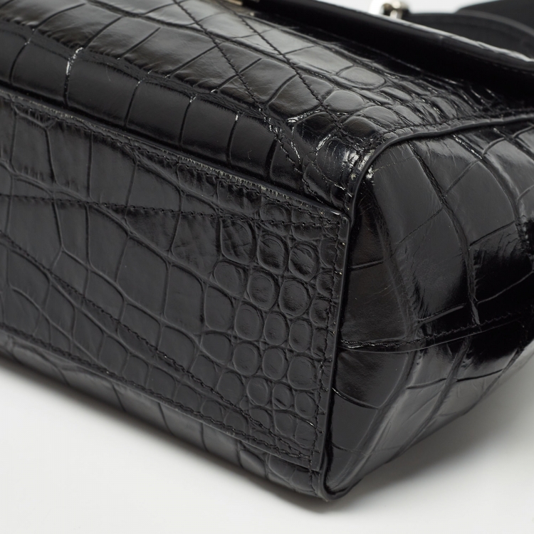 Pre Owned Givenchy Black Croc Embossed Leather Small ID Flap Top Handle Bag