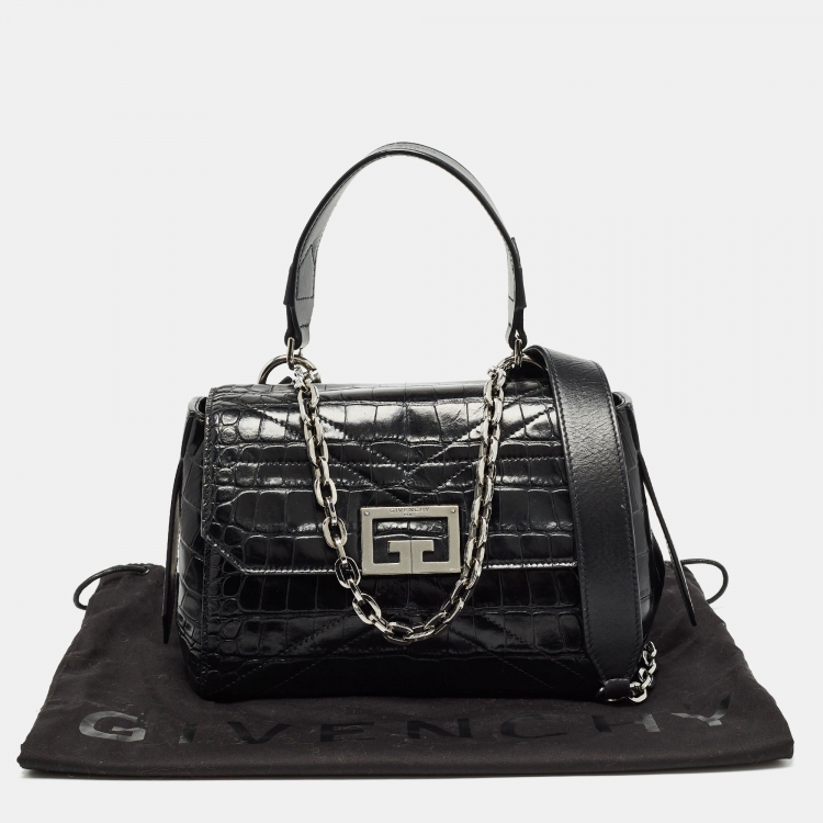 Pre Owned Givenchy Black Croc Embossed Leather Small ID Flap Top Handle Bag