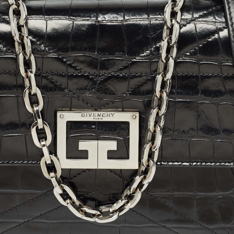 Pre Owned Givenchy Black Croc Embossed Leather Small ID Flap Top Handle Bag