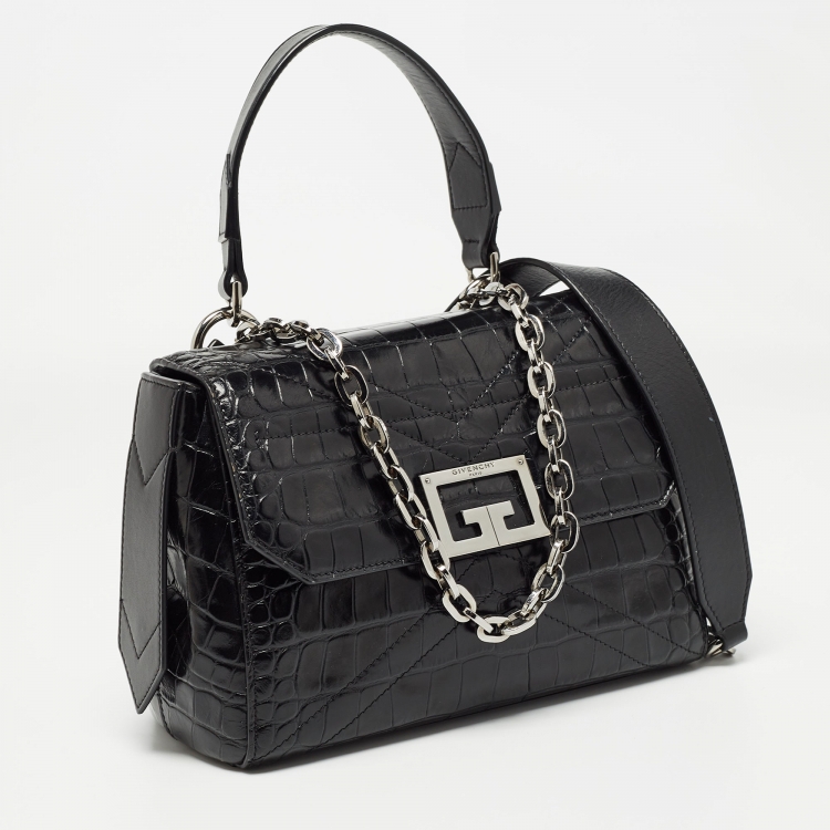 Pre Owned Givenchy Black Croc Embossed Leather Small ID Flap Top Handle Bag