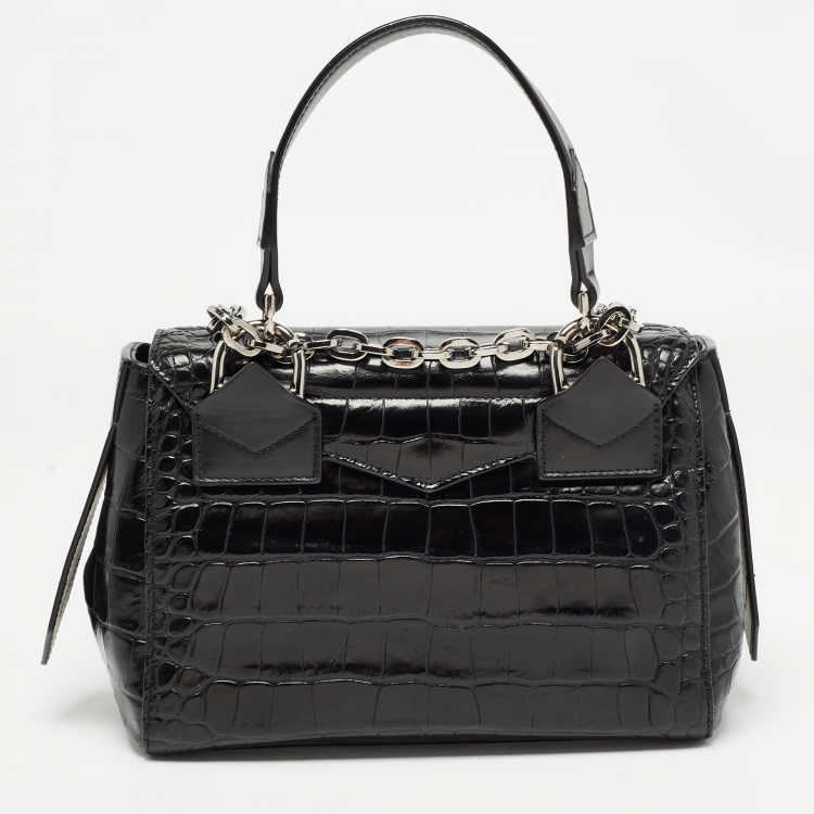 Pre Owned Givenchy Black Croc Embossed Leather Small ID Flap Top Handle Bag