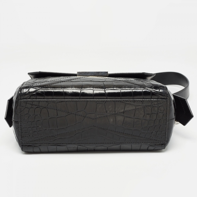 Pre Owned Givenchy Black Croc Embossed Leather Small ID Flap Top Handle Bag