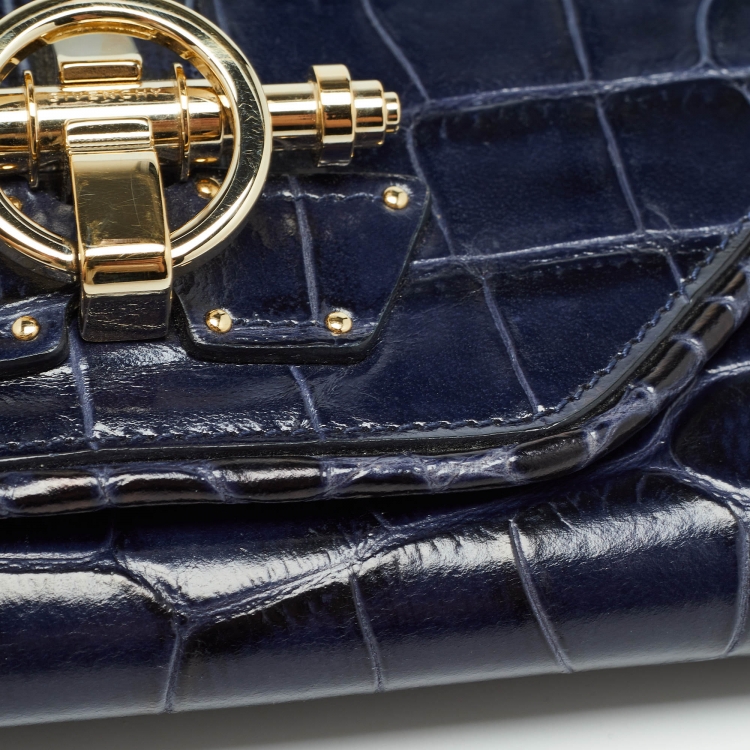 Pre Owned Givenchy Blue/Black Croc Embossed Glossy Leather Obsedia Chain Clutch