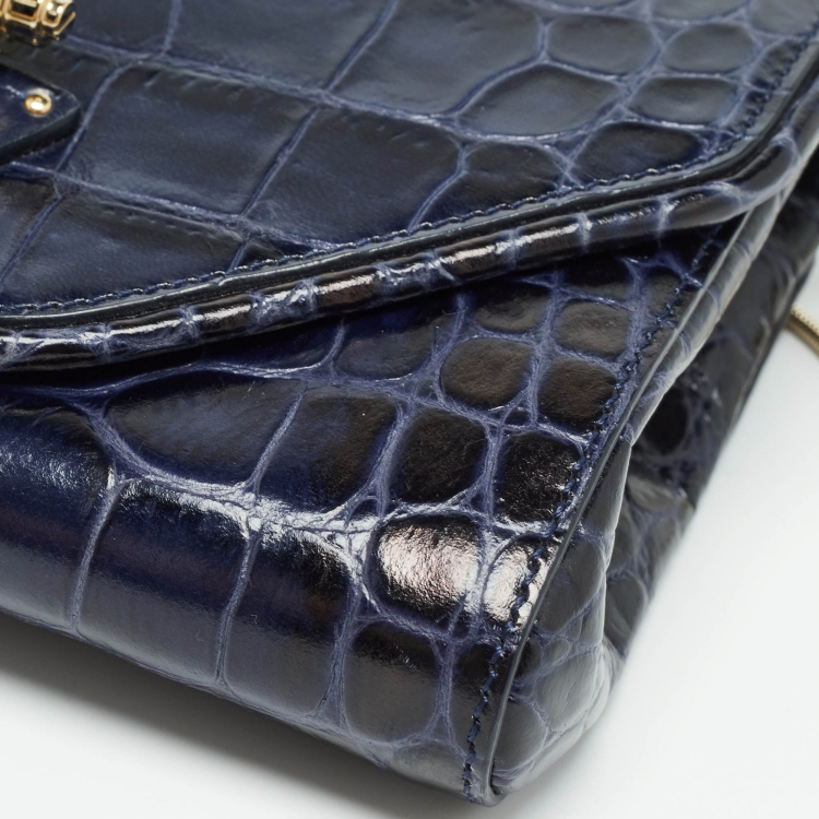 Pre Owned Givenchy Blue/Black Croc Embossed Glossy Leather Obsedia Chain Clutch