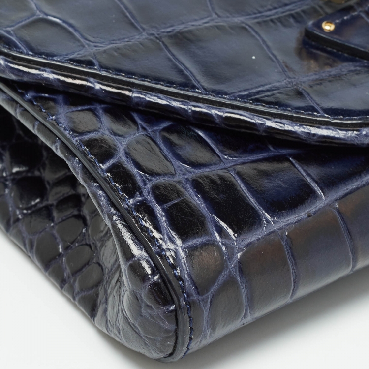Pre Owned Givenchy Blue/Black Croc Embossed Glossy Leather Obsedia Chain Clutch