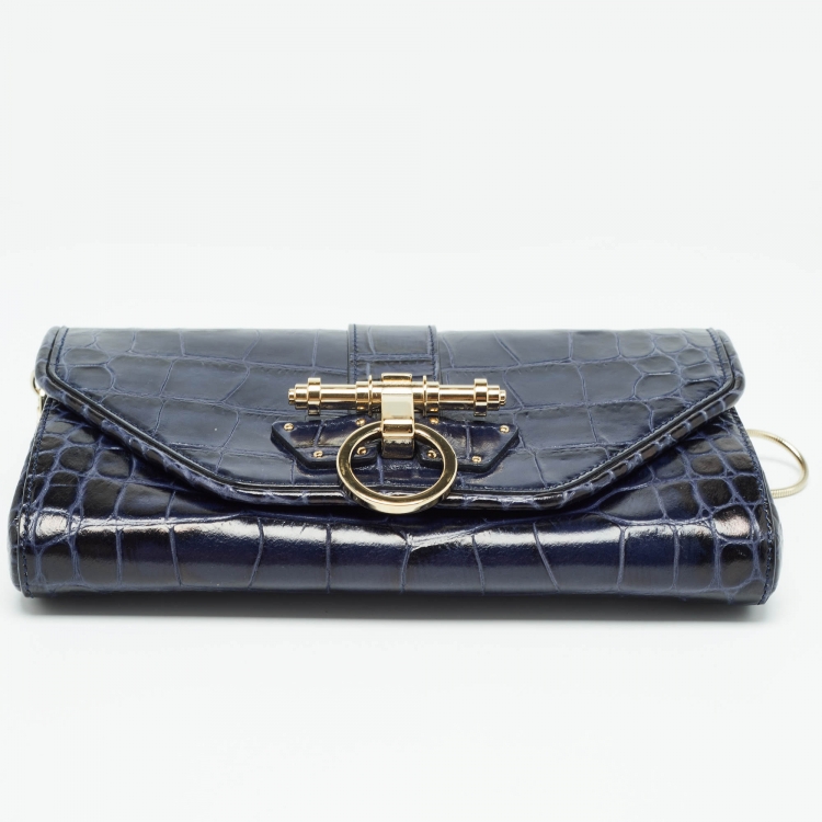 Pre Owned Givenchy Blue/Black Croc Embossed Glossy Leather Obsedia Chain Clutch