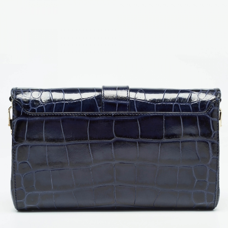 Pre Owned Givenchy Blue/Black Croc Embossed Glossy Leather Obsedia Chain Clutch