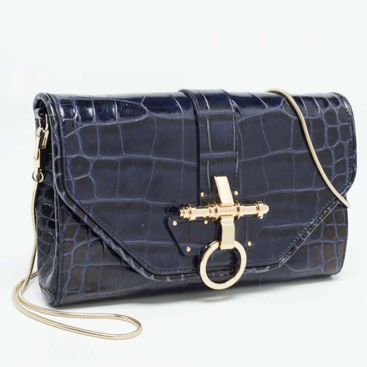 Pre Owned Givenchy Blue/Black Croc Embossed Glossy Leather Obsedia Chain Clutch