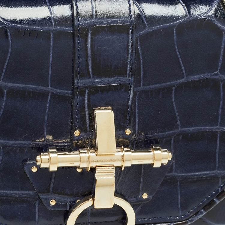 Pre Owned Givenchy Blue/Black Croc Embossed Glossy Leather Obsedia Chain Clutch