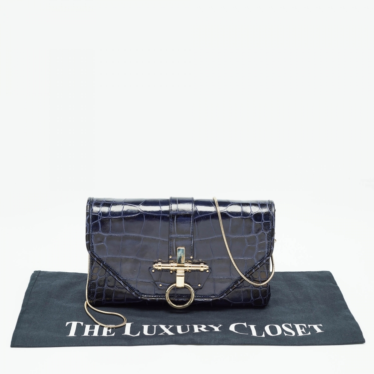 Pre Owned Givenchy Blue/Black Croc Embossed Glossy Leather Obsedia Chain Clutch