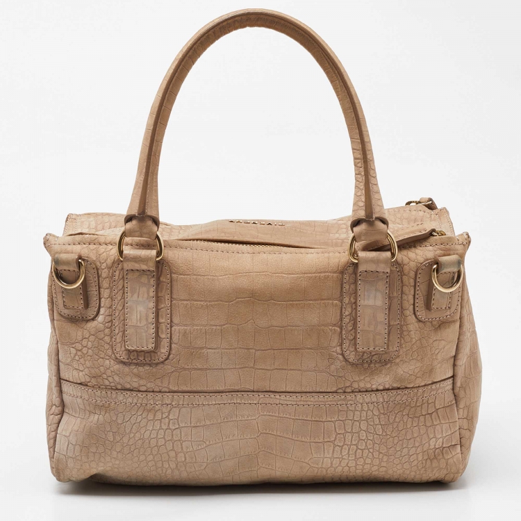Pre Owned Givenchy Beige Nubuck Croc Embossed Leather Pandora Top Handle Bag