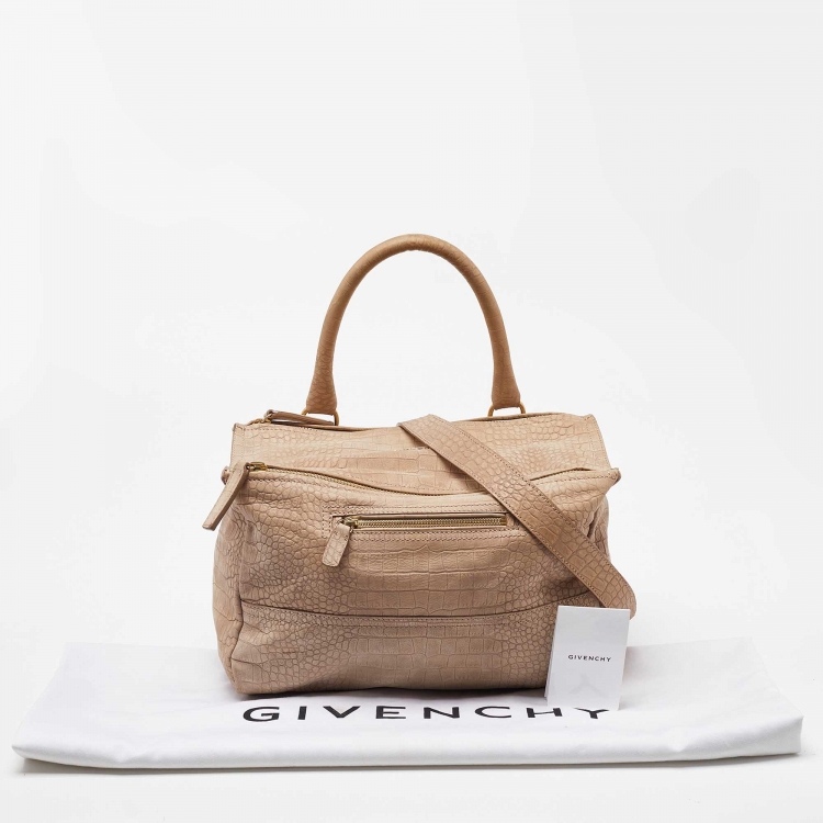 Pre Owned Givenchy Beige Nubuck Croc Embossed Leather Pandora Top Handle Bag