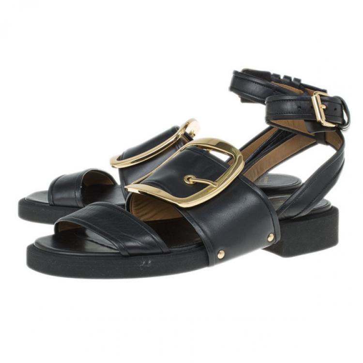Pre Owned Givenchy Black Leather Victor Buckle Flat Sandals Size 37