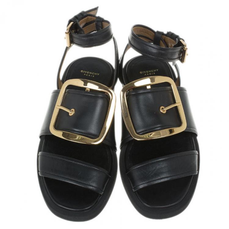 Pre Owned Givenchy Black Leather Victor Buckle Flat Sandals Size 37