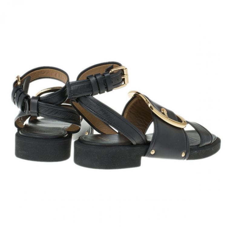 Pre Owned Givenchy Black Leather Victor Buckle Flat Sandals Size 37
