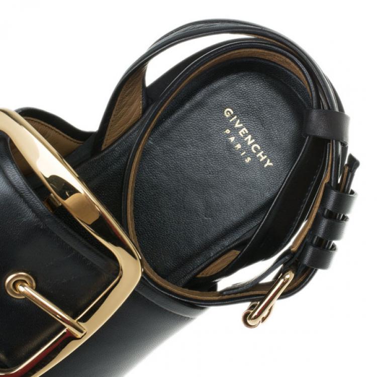 Pre Owned Givenchy Black Leather Victor Buckle Flat Sandals Size 37