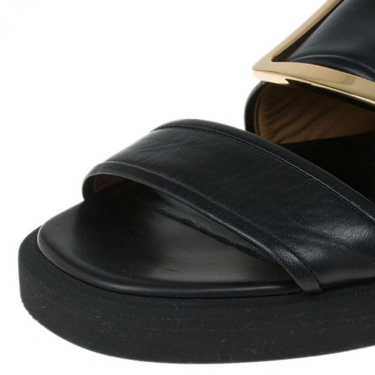 Pre Owned Givenchy Black Leather Victor Buckle Flat Sandals Size 37