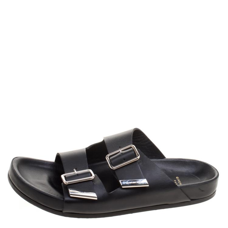 Pre Owned Givenchy Black Leather Buckle Detail Flat Slides Size 39