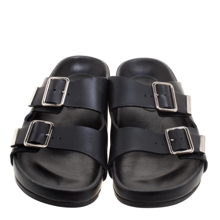 Pre Owned Givenchy Black Leather Buckle Detail Flat Slides Size 39