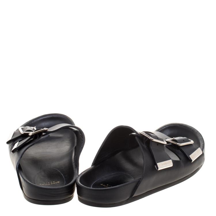Pre Owned Givenchy Black Leather Buckle Detail Flat Slides Size 39