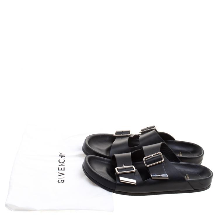 Pre Owned Givenchy Black Leather Buckle Detail Flat Slides Size 39