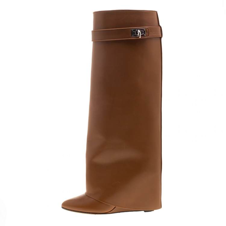 Givenchy Brown Leather Shark Lock Wedge Knee High Riding Boots Size 38  Givenchy | TLC