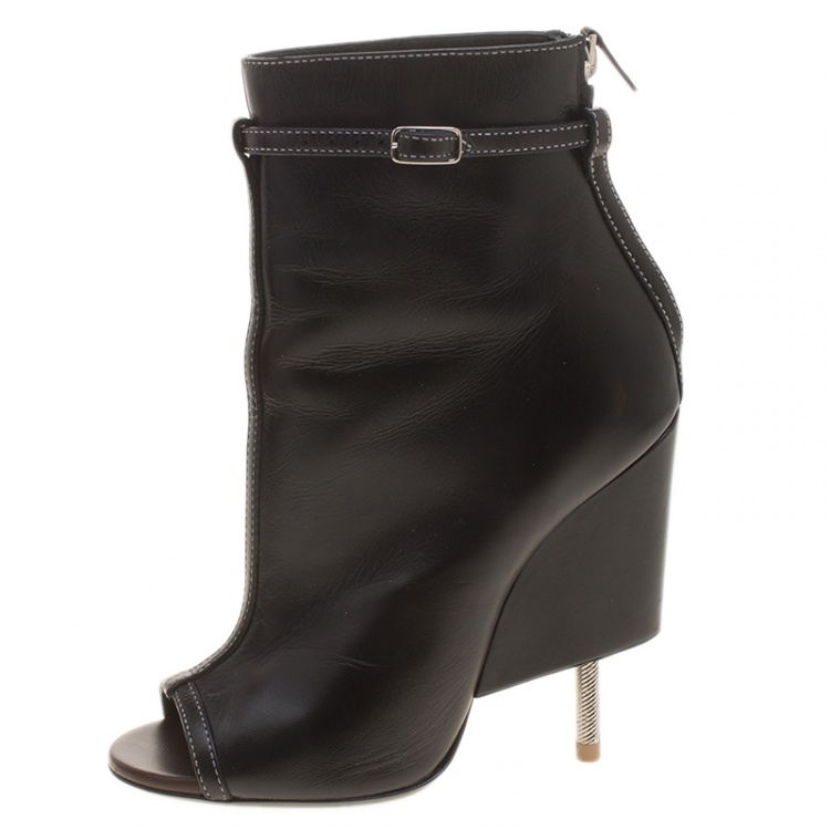 Pre Owned Givenchy Black Leather Screw Heel Peep Toe Booties Size 37