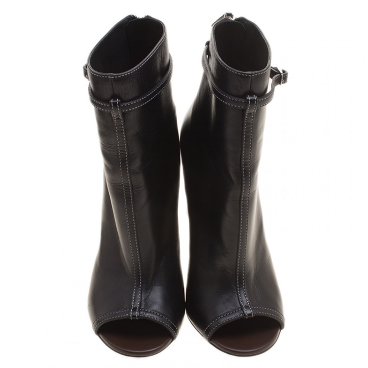 Pre Owned Givenchy Black Leather Screw Heel Peep Toe Booties Size 37