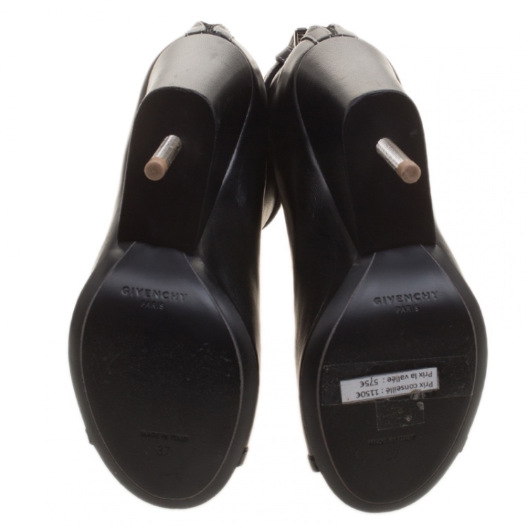 Pre Owned Givenchy Black Leather Screw Heel Peep Toe Booties Size 37