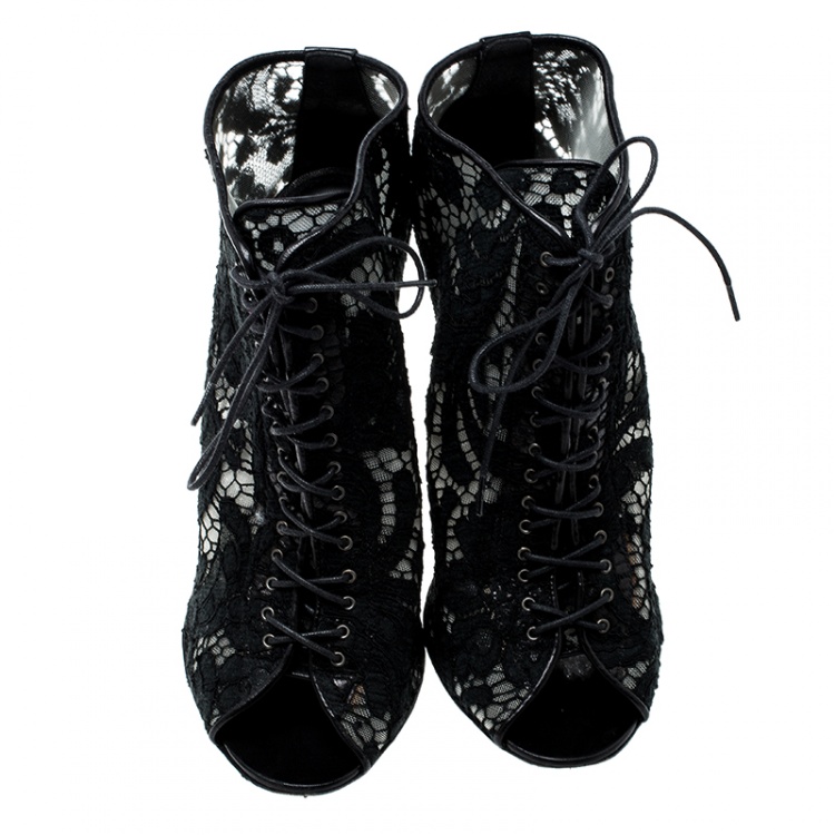 Pre Owned Givenchy Black Lace Peep Toe Lace Up Ankle Boots Size 38