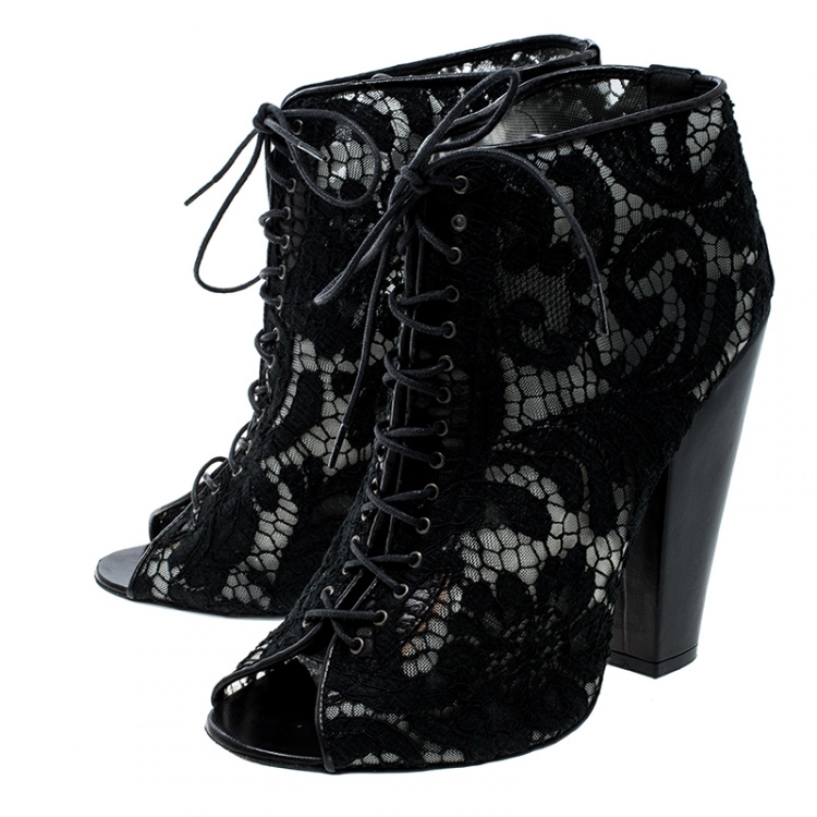 Pre Owned Givenchy Black Lace Peep Toe Lace Up Ankle Boots Size 38