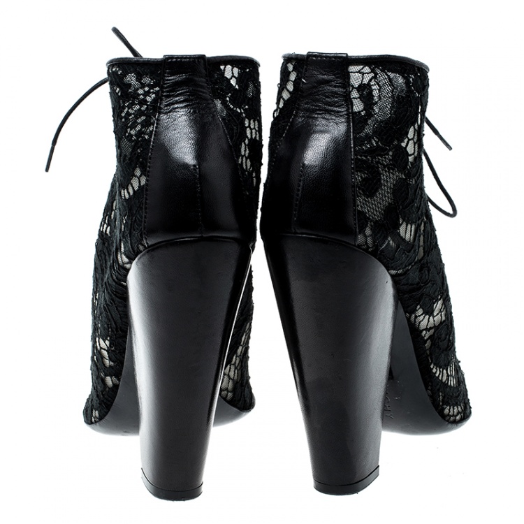 Pre Owned Givenchy Black Lace Peep Toe Lace Up Ankle Boots Size 38