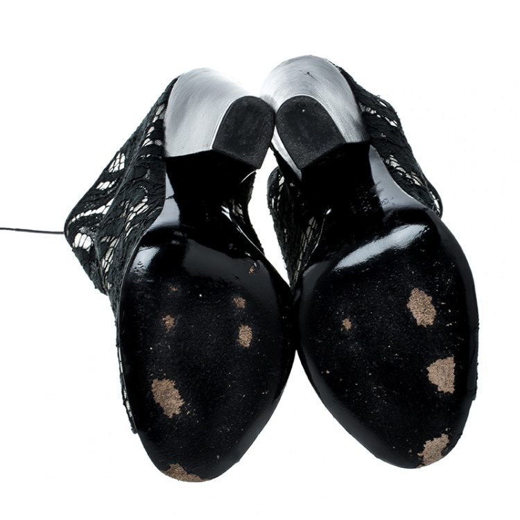 Pre Owned Givenchy Black Lace Peep Toe Lace Up Ankle Boots Size 38