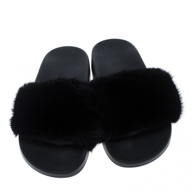 Pre Owned Givenchy Black Mink Fur Flat Slides Size 40
