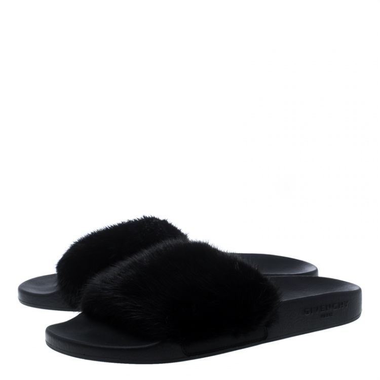 Pre Owned Givenchy Black Mink Fur Flat Slides Size 40