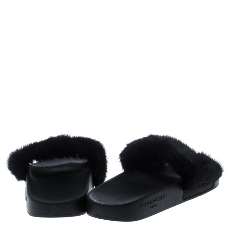 Pre Owned Givenchy Black Mink Fur Flat Slides Size 40