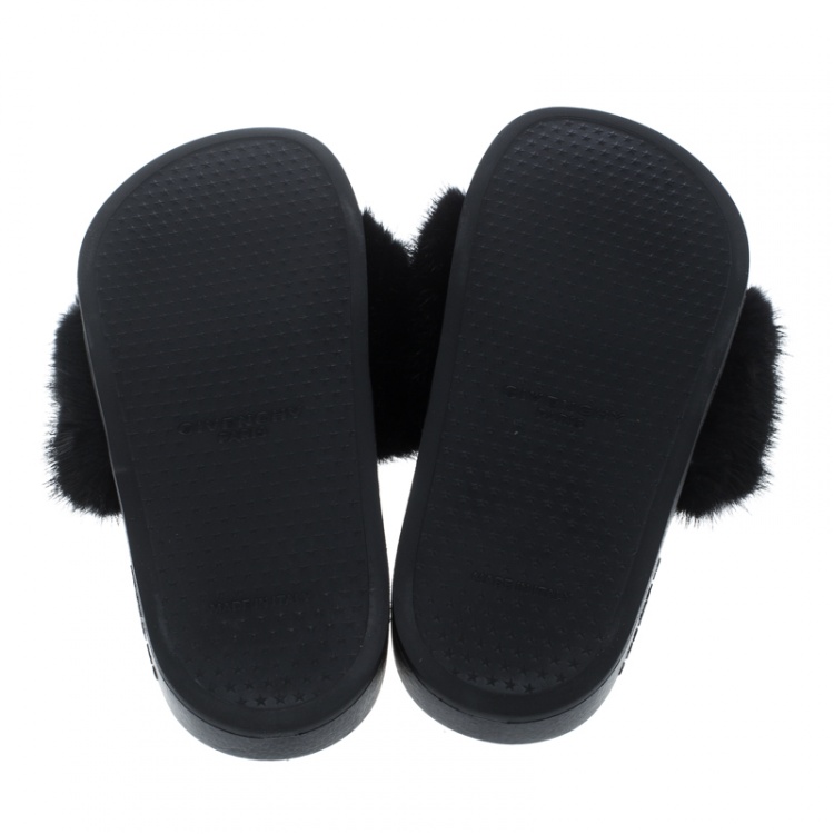 Pre Owned Givenchy Black Mink Fur Flat Slides Size 40