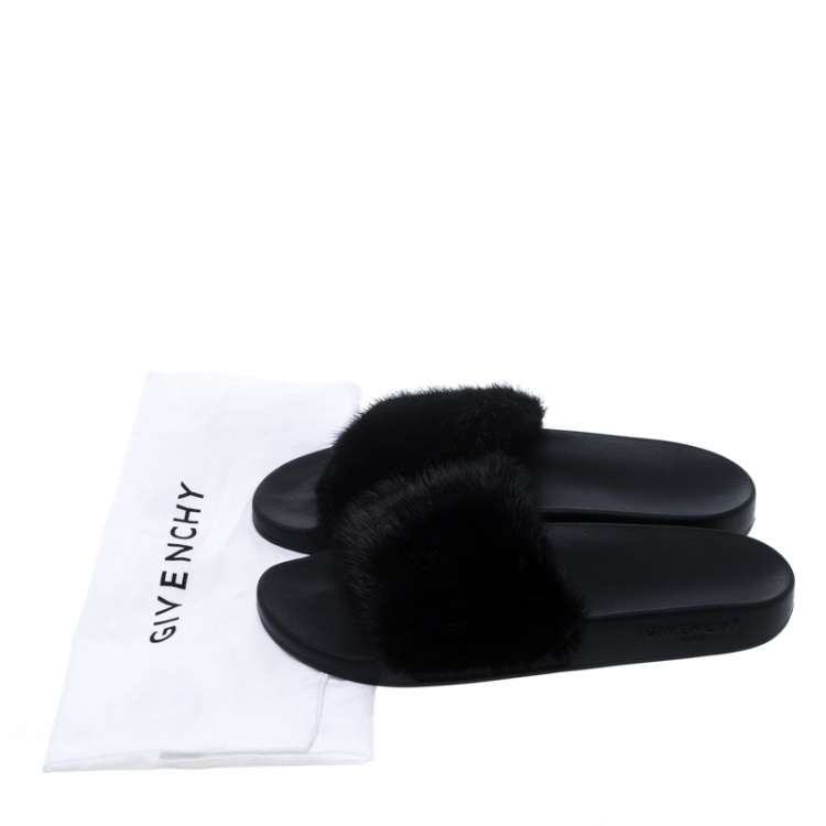 Pre Owned Givenchy Black Mink Fur Flat Slides Size 40
