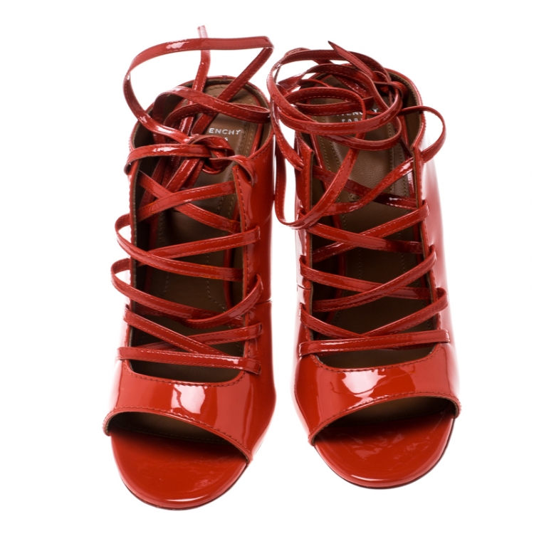 Pre Owned Givenchy Coral Red Patent Leather Lace Up Backless Mule Sandals Size 40