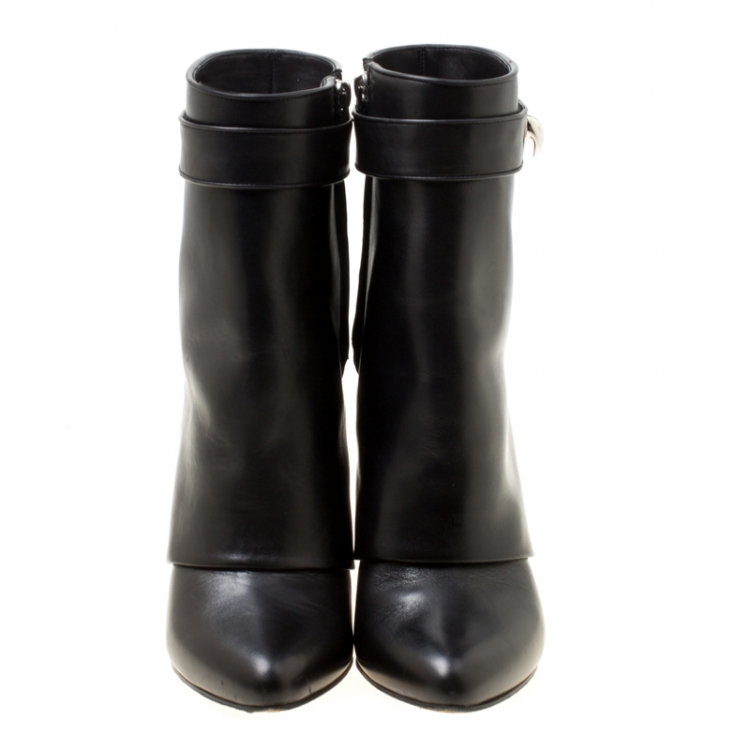 Pre Owned Givenchy Black Leather Shark Lock Wedge Ankle Boots Size 36.5