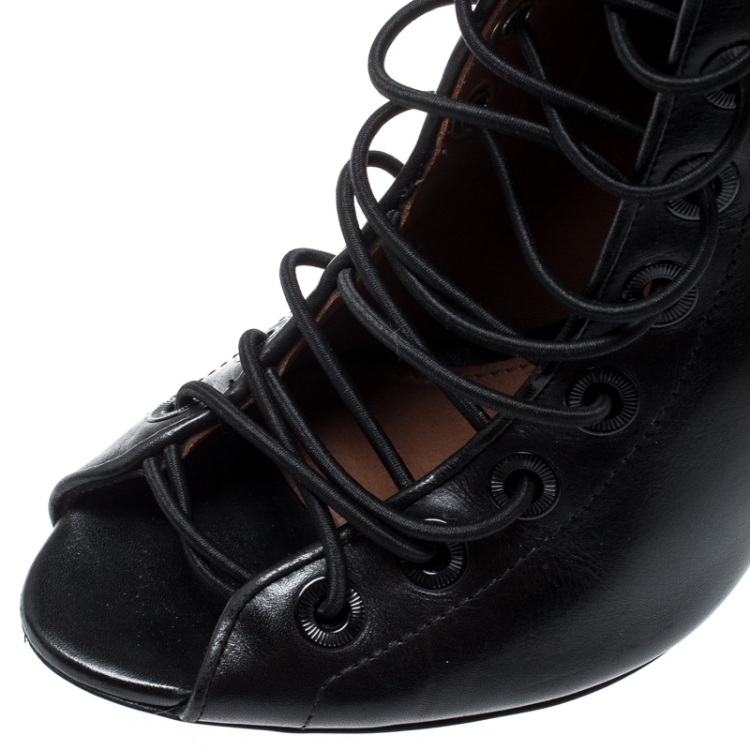 Pre Owned Givenchy Black Leather Wedge Heel Open Toe Ankle Boots Size 39.5