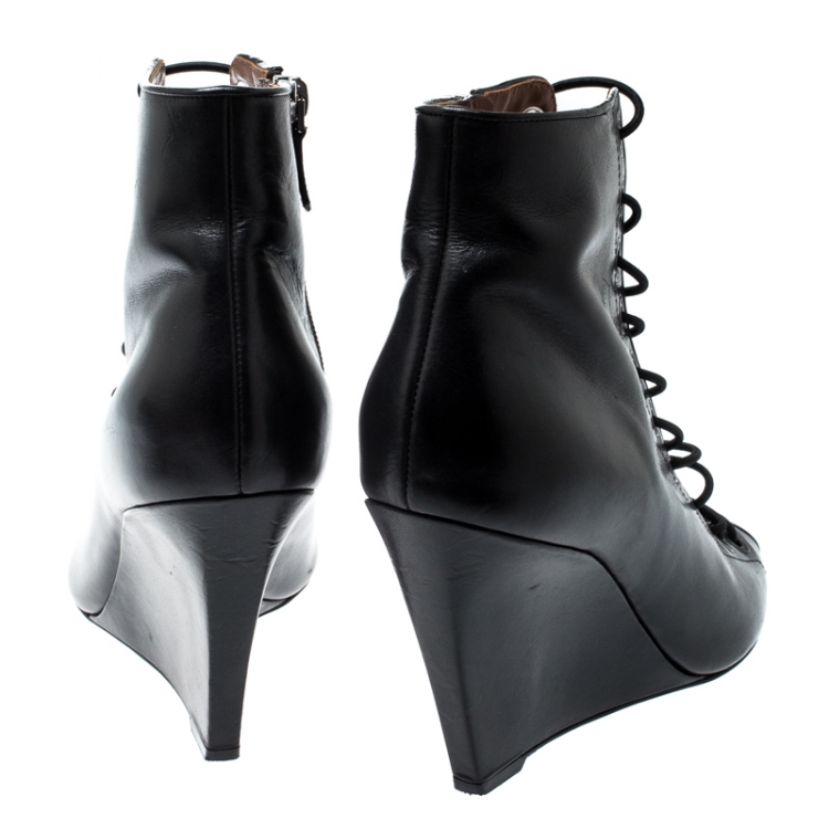 Pre Owned Givenchy Black Leather Wedge Heel Open Toe Ankle Boots Size 39.5