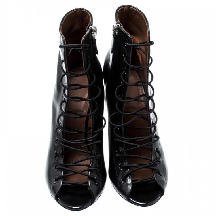 Pre Owned Givenchy Black Leather Wedge Heel Open Toe Ankle Boots Size 39.5