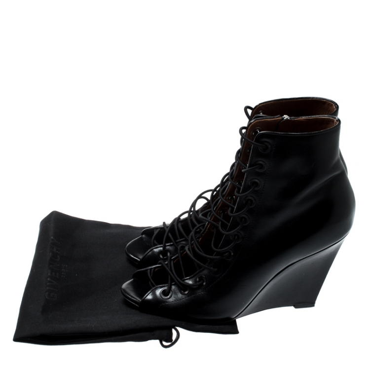 Pre Owned Givenchy Black Leather Wedge Heel Open Toe Ankle Boots Size 39.5