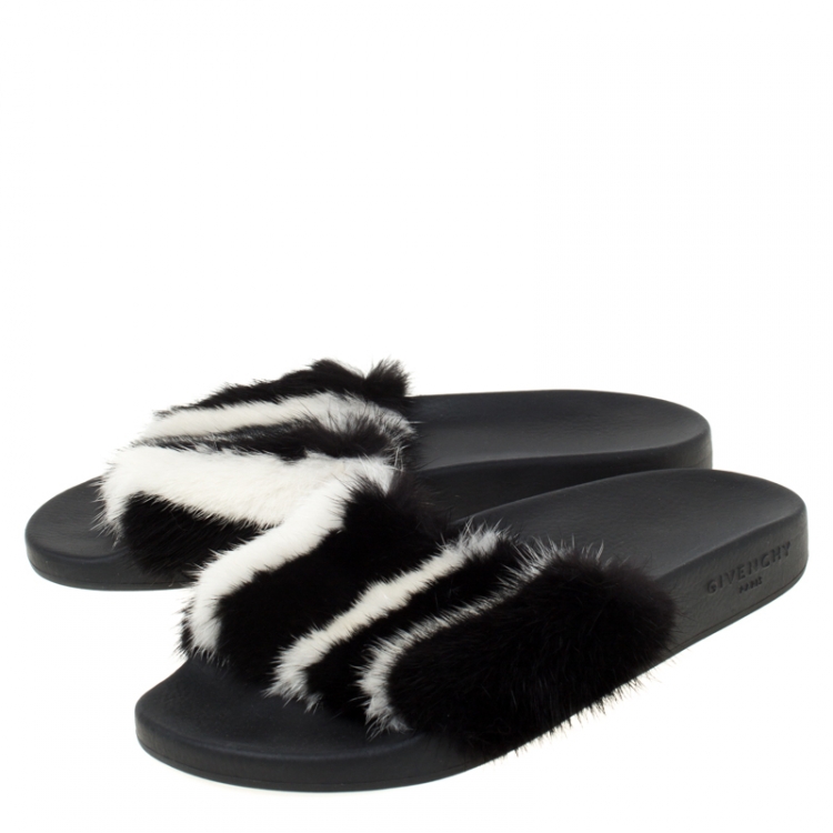 Pre Owned Givenchy Black/White Mink Fur Flat Slides Size 39