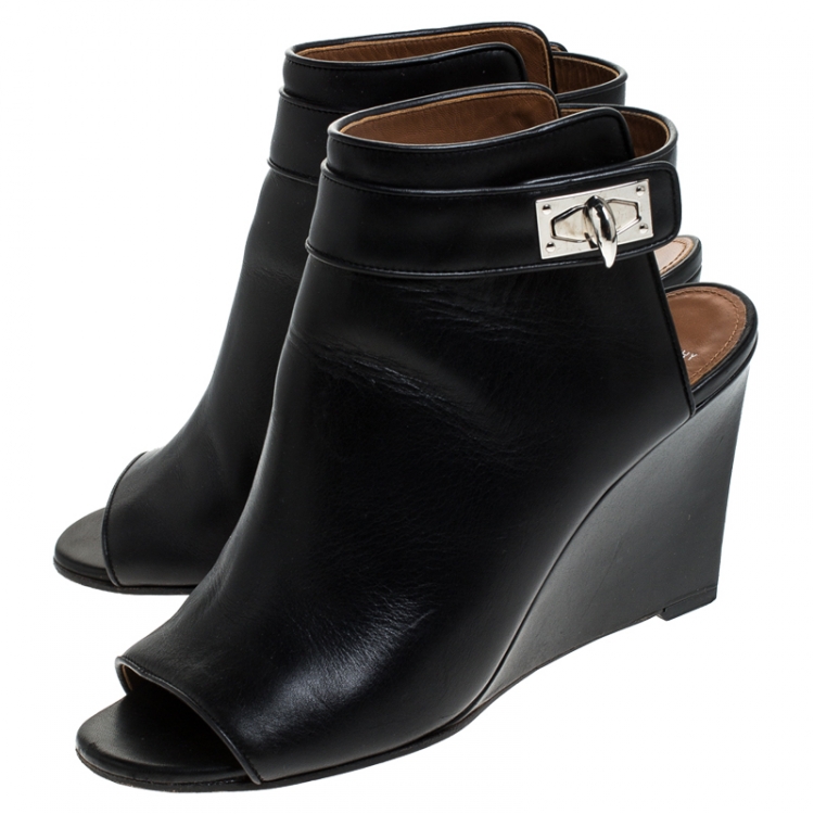 Pre Owned Givenchy Black Leather Shark Lock Wedge Ankle Strap Sandals Size 39