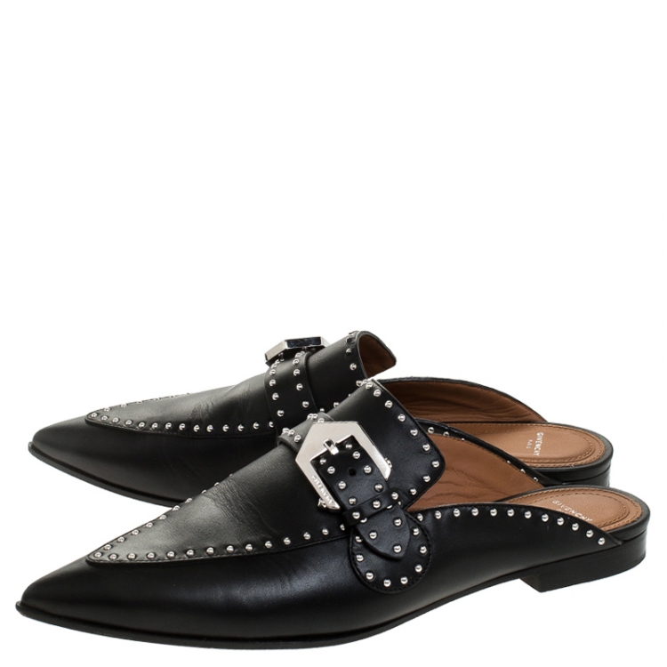 Pre Owned Givenchy Black Studded Leather Buckle Logo Detail Flat Mules Size 39