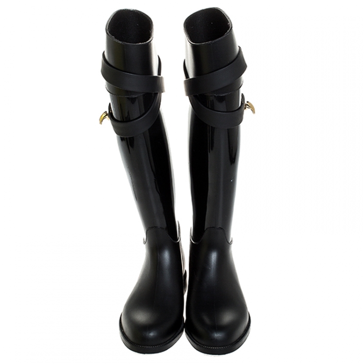 Pre Owned Givenchy Black Rubber Shark Lock Flat Knee Boots Size 36