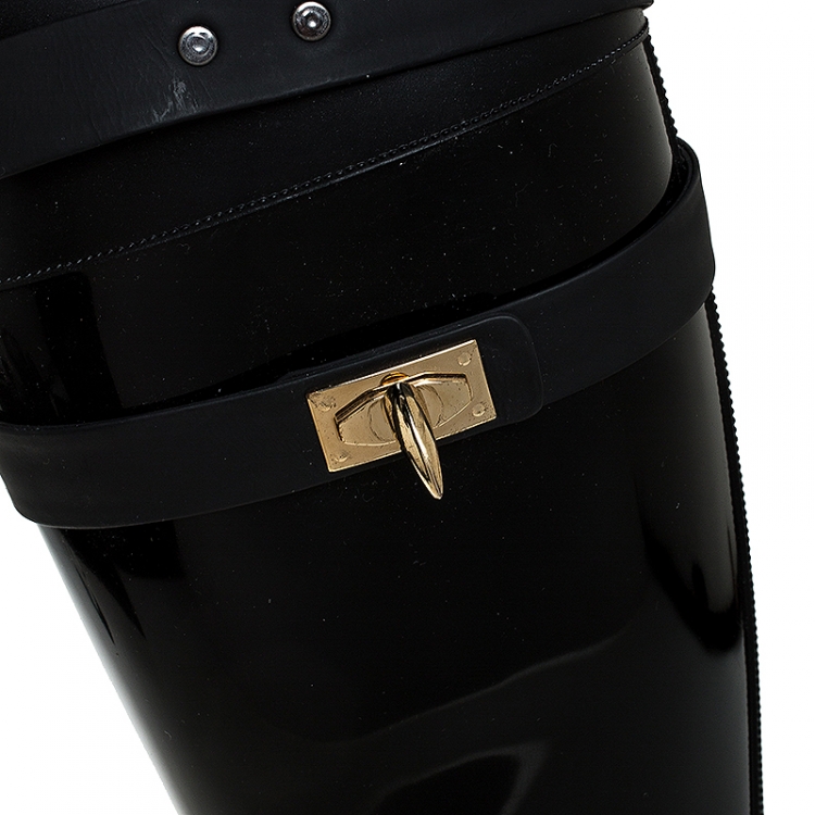 Pre Owned Givenchy Black Rubber Shark Lock Flat Knee Boots Size 36