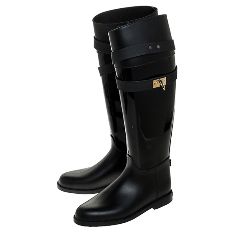Pre Owned Givenchy Black Rubber Shark Lock Flat Knee Boots Size 36